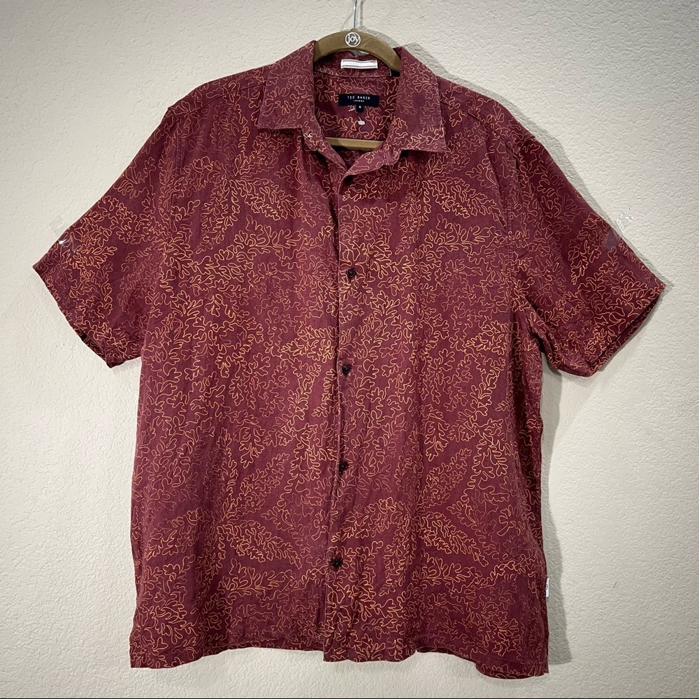 Ted Baker Men 5 US L Chaplin Coral Print 100% Linen Short Sleeve Button-Up Shirt